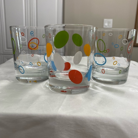 EUC 3 IKEA FLAT TUMBLER GLASSES WITH COLOURED CIRCLES AND SPOTS - Picture 2 of 6